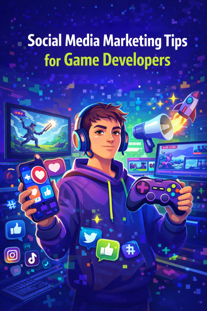 Game developer holding a controller and phone for social media marketing for gamers